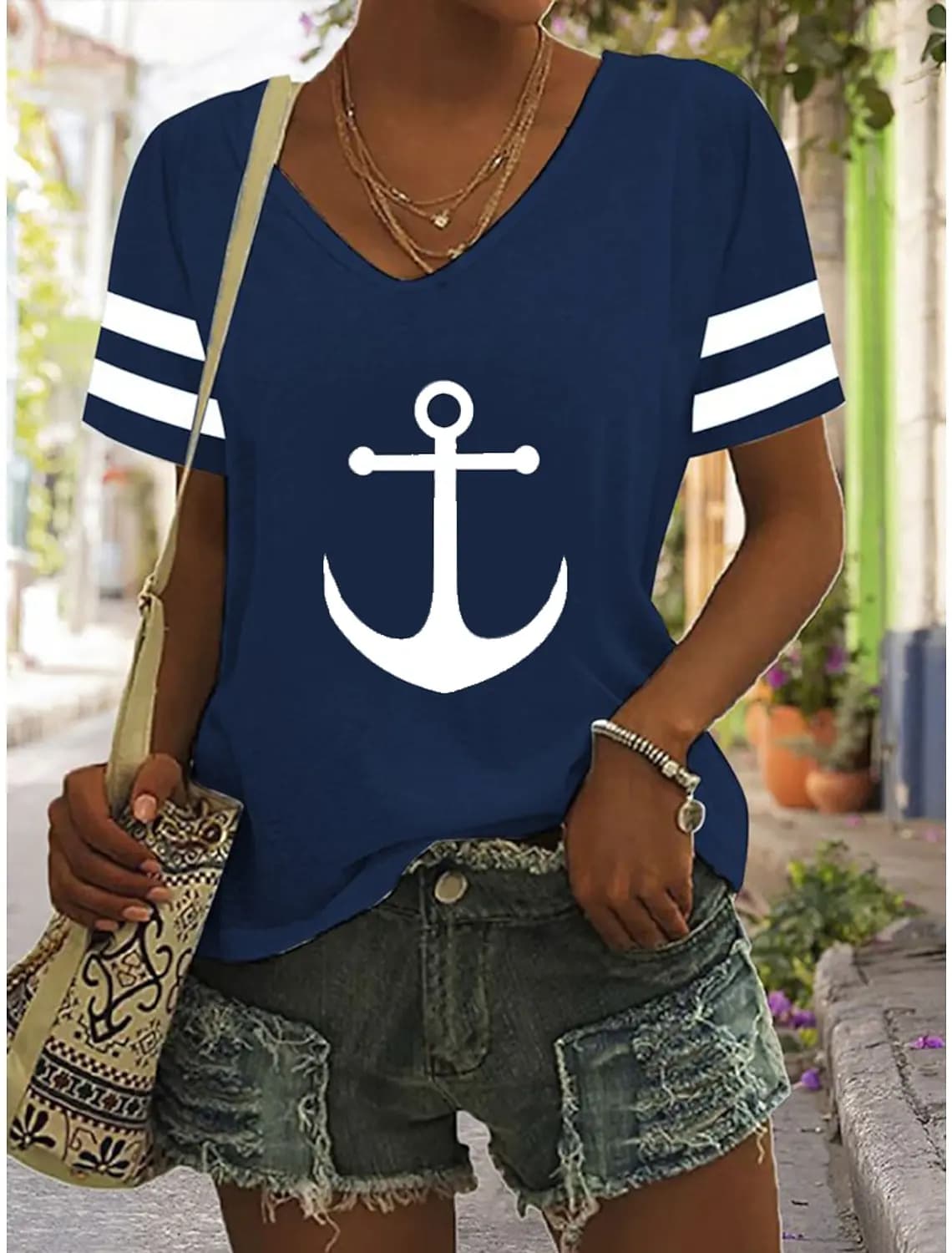T-shirt con scollo a v per donna ancora di nave stampa 3d top Casual Street Femalewear Summer Fashion t-shirt oversize Y2k abbigliamento