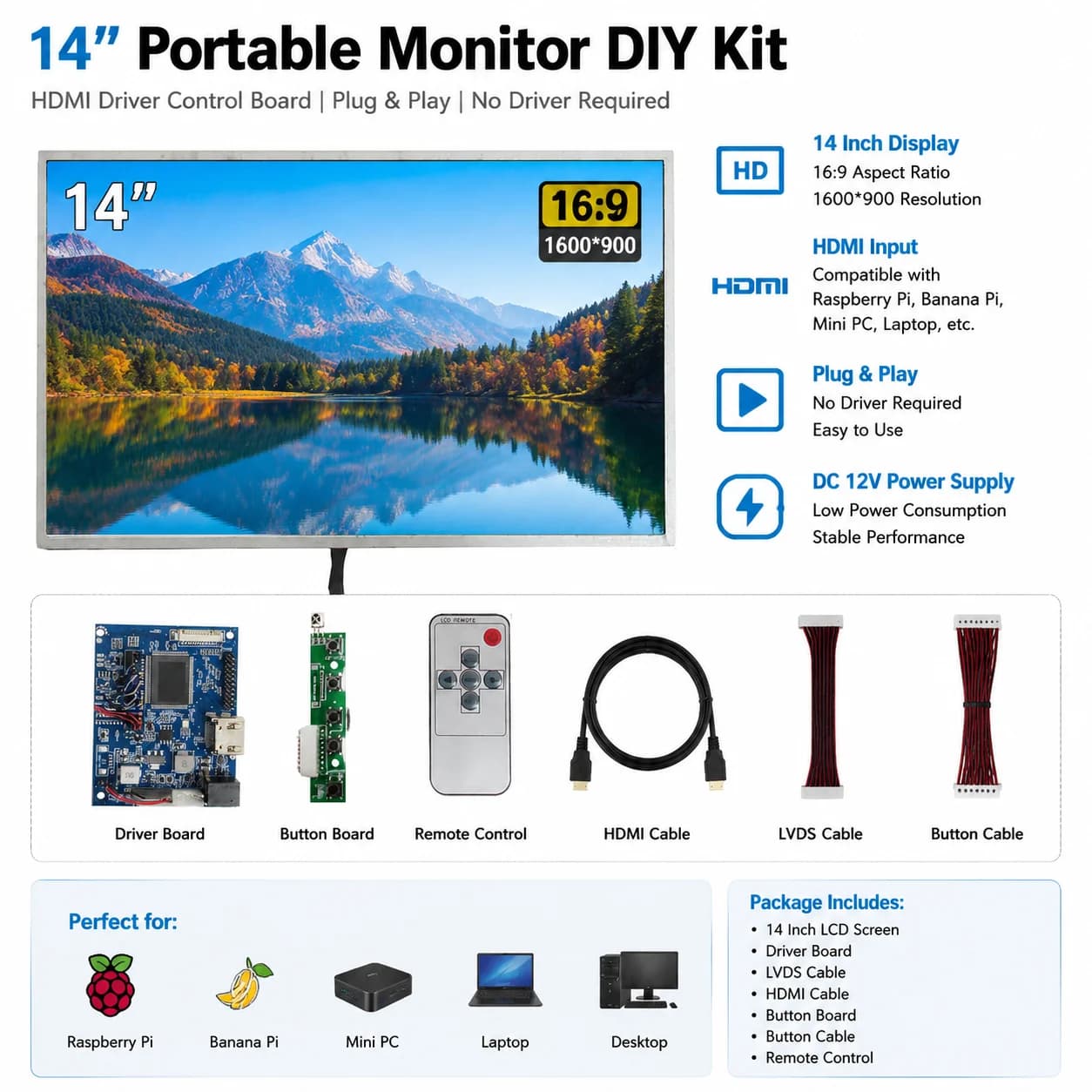 14 Inch 1600*900 Screen Display LCD Monitor With Control Driver Board For Computer Secondary Screen Raspberry Pi PC