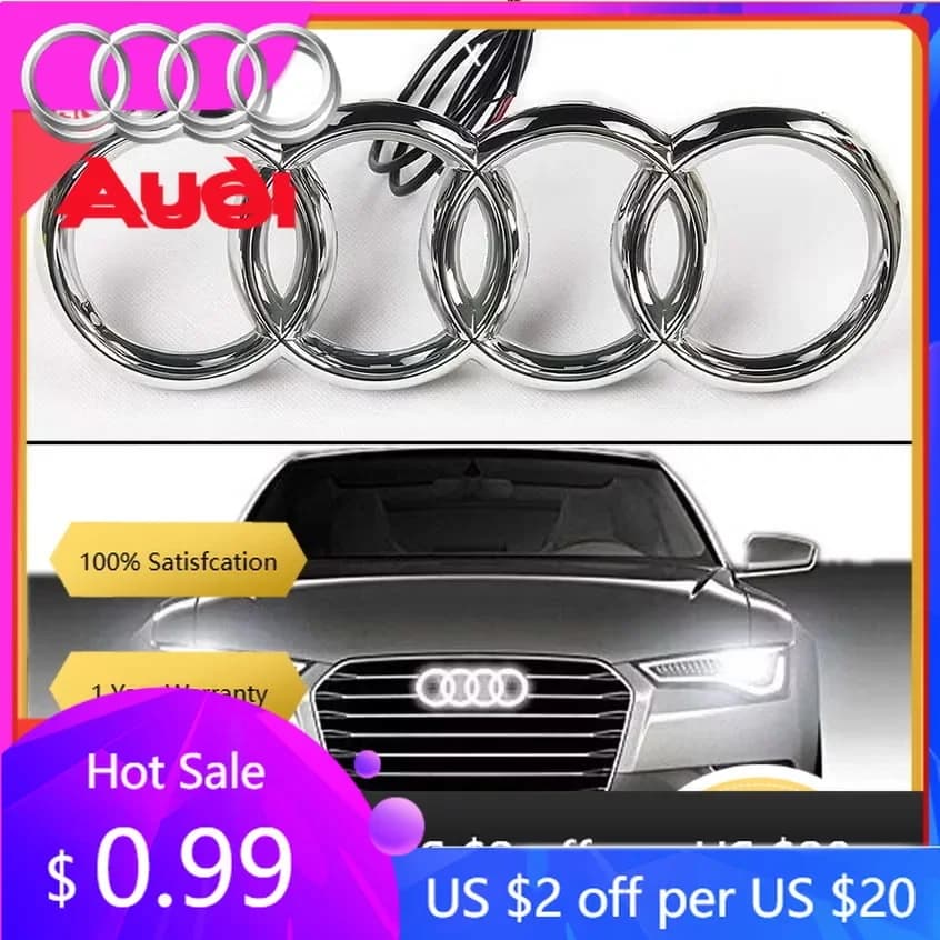 Copricerchi LED per Griglia Anteriore Audi, Luce Logo a 4 Anelli, Luce Bianca Statica 249 273 285mm per AUDI A3 A4 A5 A6 A7 A8
