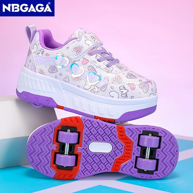 Nice Two Wheel Skating Shoes for Girls with Cartoon Stamps, Sneakers Sporty for Teenagers, Sizes 29-40