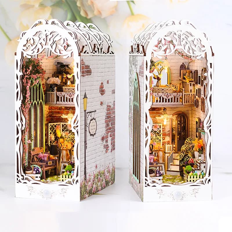 Creativo 3D Flower Room Libro Stand Kit di costruzione assemblati Modello con luci Puzzle in legno Decorazione del desktop Giocattoli Regalo per bambini