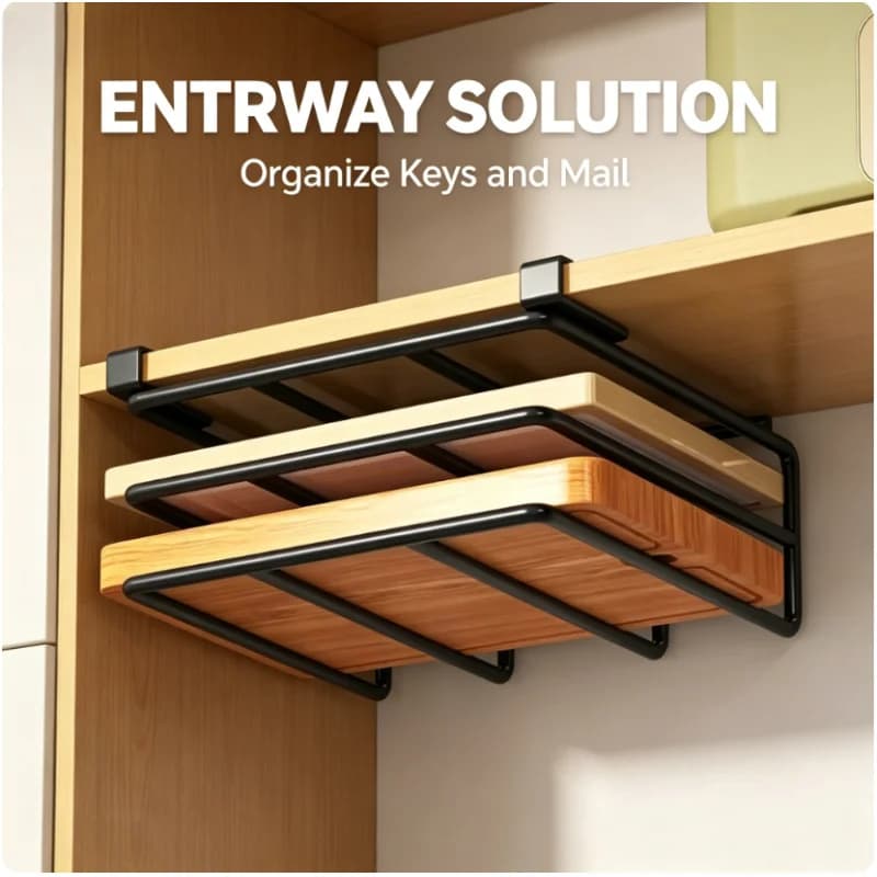 Under Cupboard Hanging Organizer Rack with Hooks Kitchen Holder for Paper Towel Rag Cutting Board Pot Cover Storage