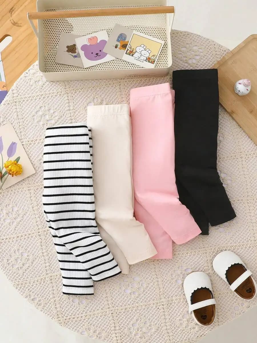 Set di 4 Leggings Morbidi Elasticizzati per Bambini - A Righe e Tinta Unita, Abbigliamento Casual Primavera-Estate