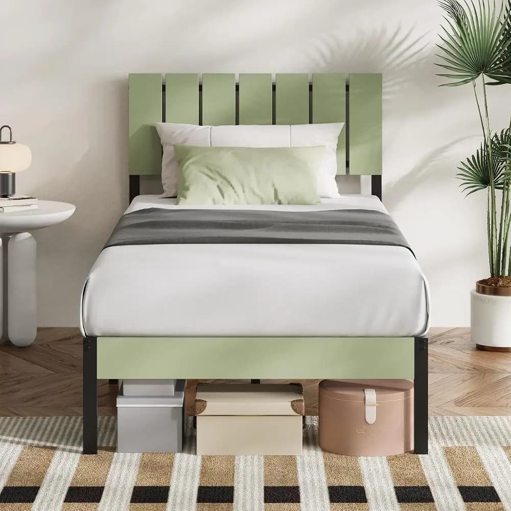 Modern wooden slats headboard, double bed frame, easy assembly, metal platform, silent, storage space, without need of springs