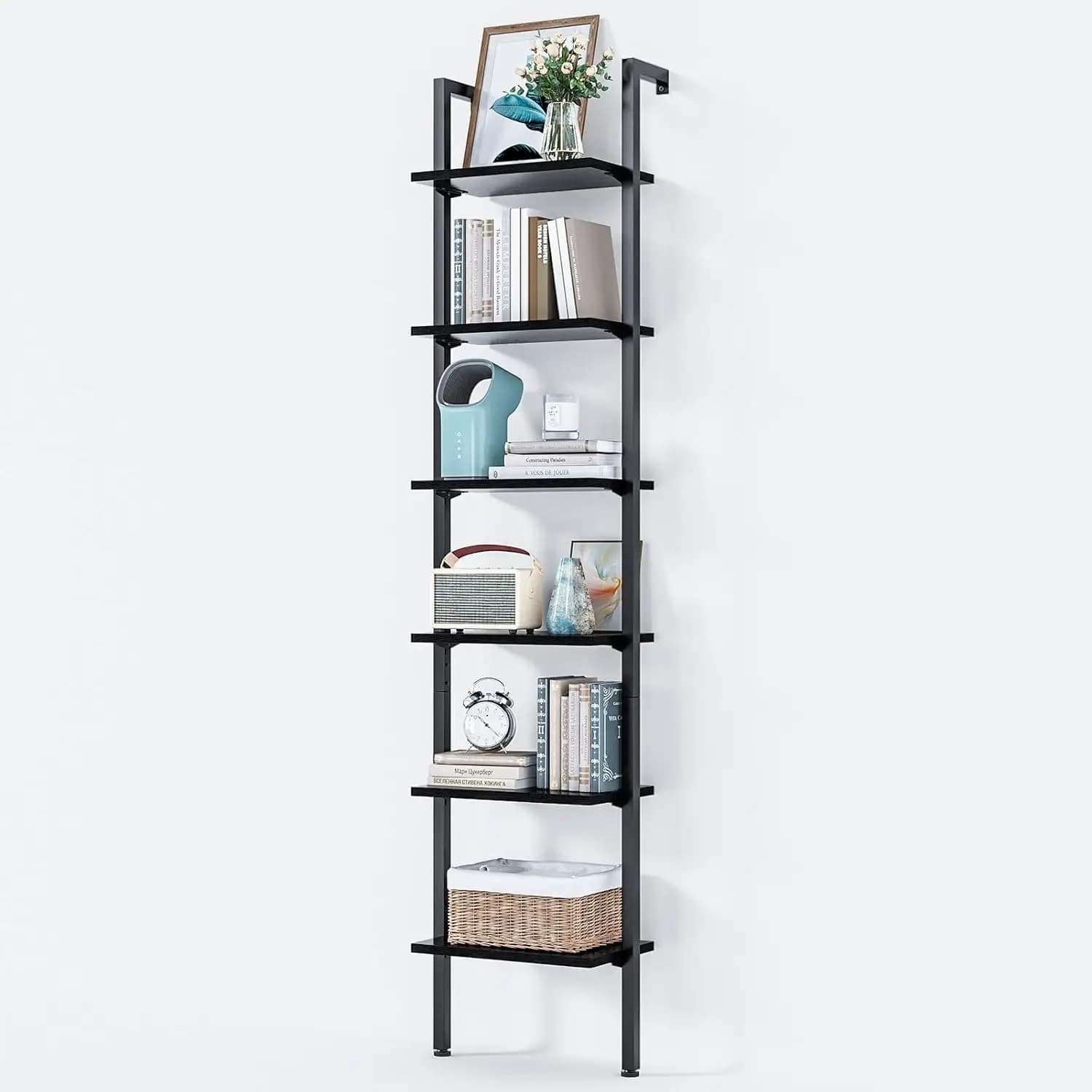 Scaffale con scala a 6 livelli, libreria con struttura in metallo per soggiorno, ufficio domestico, cucina e camera da letto, scaffale salvaspazio in nero