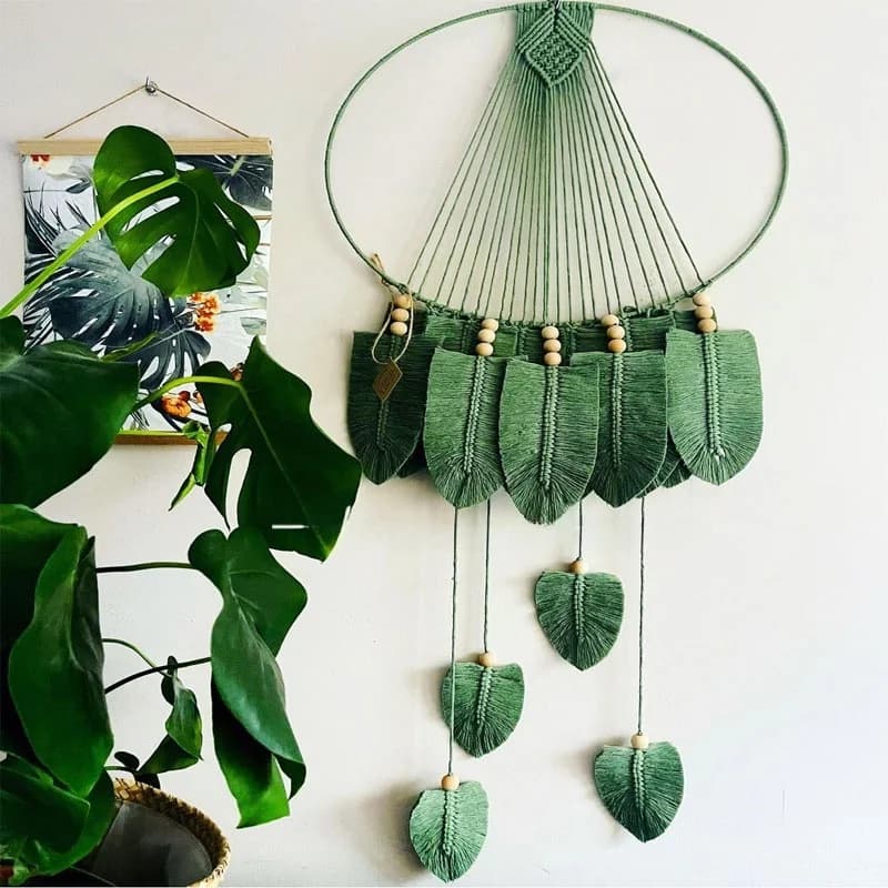 Handwoven Nordic Tassel Dream Catcher Leaf Ring Tapestry Living Room Wall Hanging Simple Modern Style Cotton Geometric Pattern