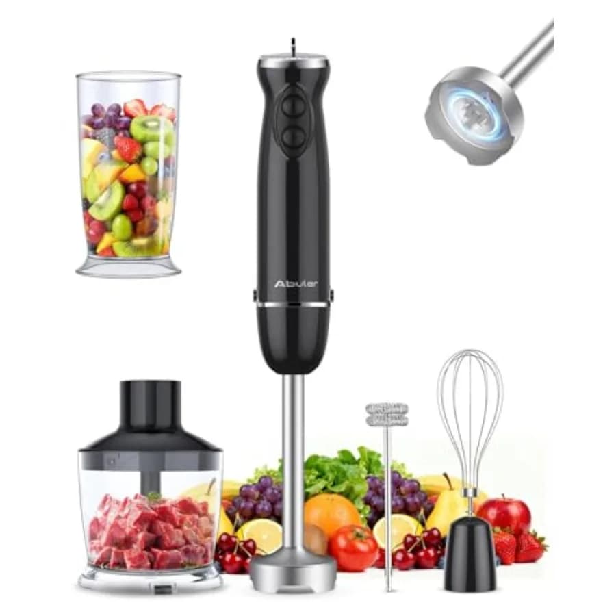 Frullatore a Immersione Portatile 1000W 5 in 1, Mixer a Immersione Senza BPA in Acciaio Inox 304, 12 Velocità, con Frusta, Tritatutto e Frullino per Latte