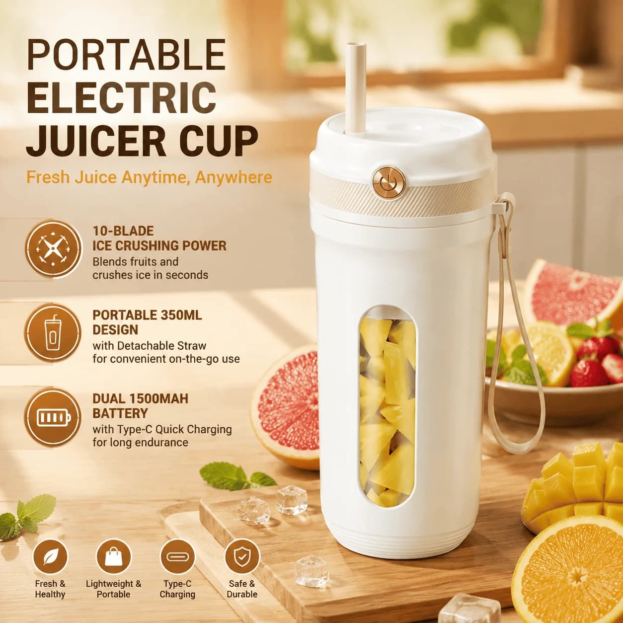 Portable Juicer USB Rechargeable Blender 10 Blade Ice Crushing Personal Smoothie Maker Travel 350ml Wireless Electric Juice Cup