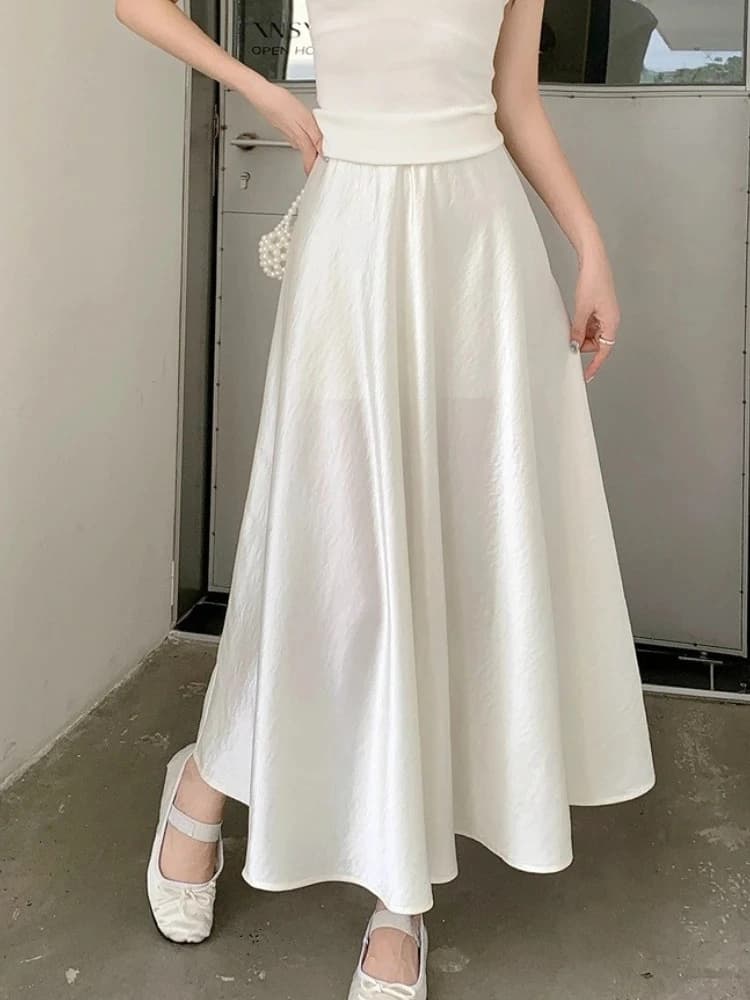 2026 Summer Satin Skirts for Women Fashion Temperament Elegant A-line Skirts Korean Style Elasticity High Waist Black Long Skirt