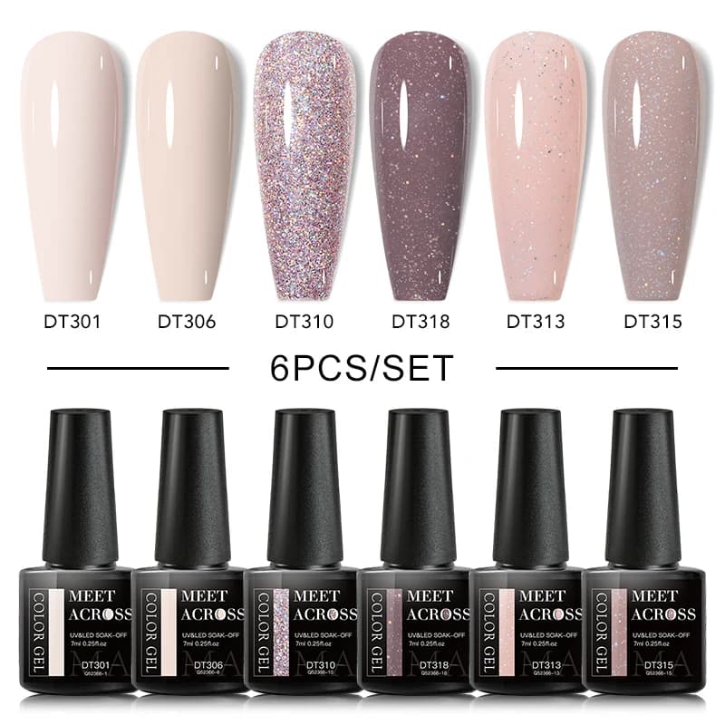 MEET ACROSS 6 Pz/set Set di Smalti Gel Set di Smalti per Unghie Semi Permanenti Rosa Nude Kit UV LED Base Top Coat Nail Art Per Manicure