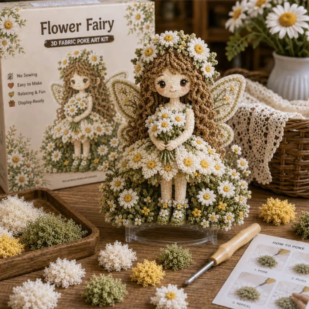 Handmade Flower Fairy Poke Art Kit Thick Board No Sew Fabric Poke Art Kit with Display Stand Beginner Friendly 3D Festive Plaque