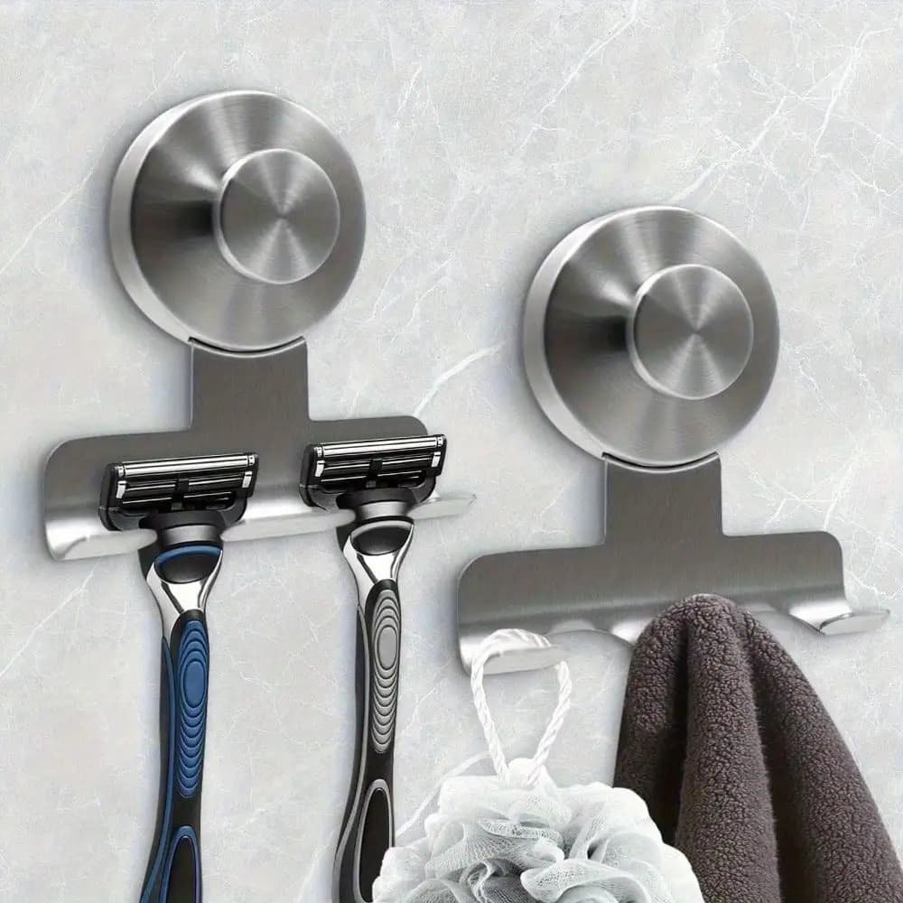 Heavy Duty SUS304 Stainless Steel Suction Cup Shaver Holder, Removable Damage-Free Bathroom Suction Hooks for Towel Loofah Multi-Purpose Use