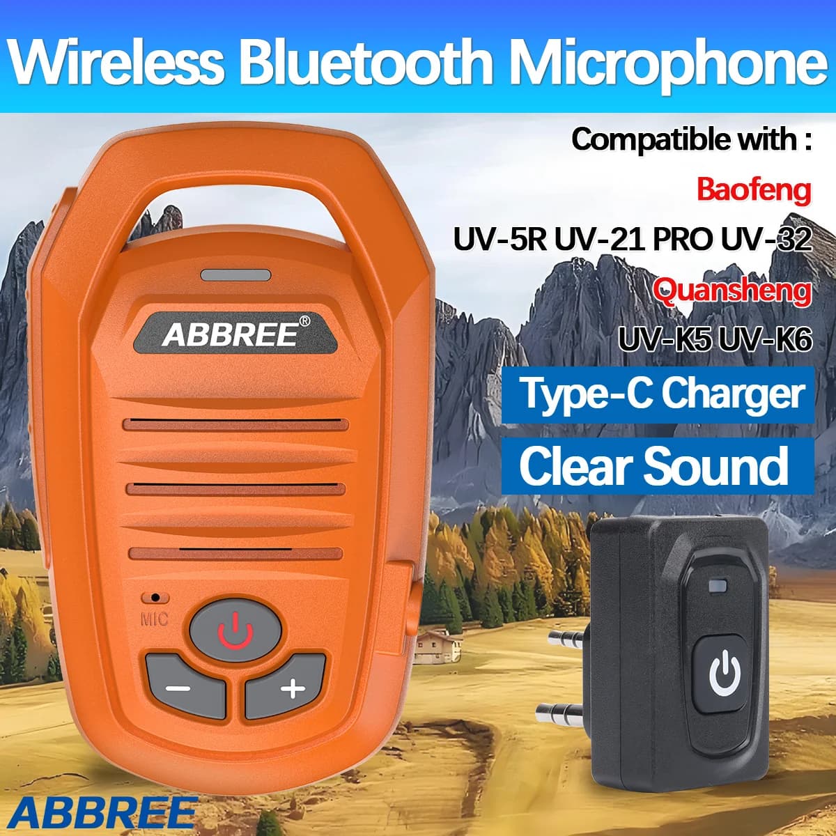 ABBREE AR-639 Microfono portatile senza fili Bluetooth per BaoFeng UV-5R BF-888S Quansheng UV-K5 TK11 UV-K6 Radioamatore bidirezionale