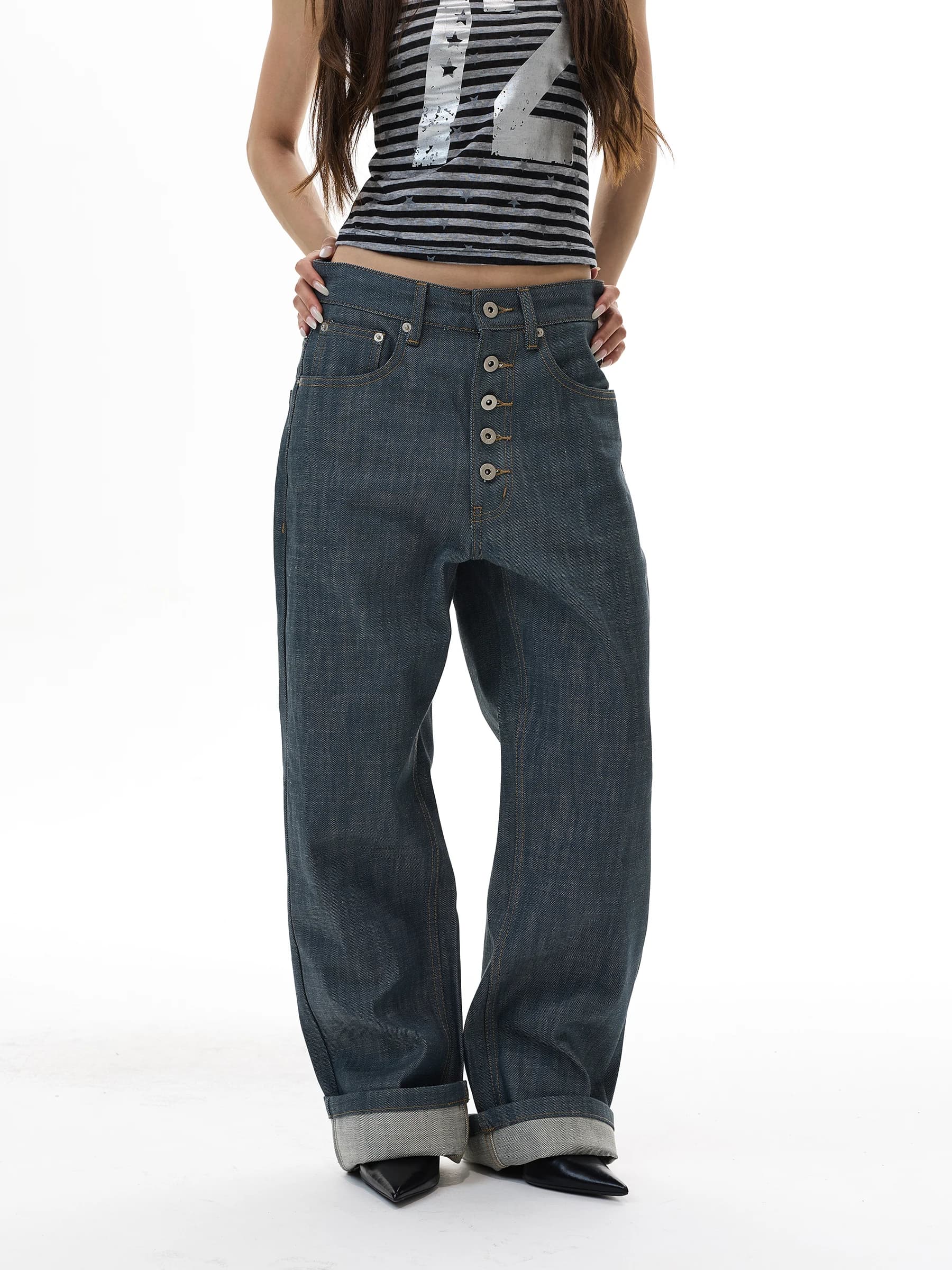 WLNEXT American Retro Button Denim Jeans Men's Women's Couple Long Pants Original Blue Cotton Breathable Comfortable Fit