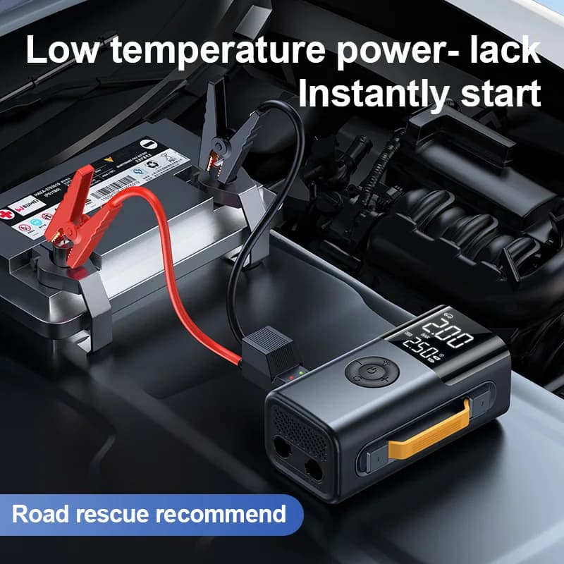 Avviatore d'emergenza 5-in-1 per auto 10000mAh, pompa ad aria 150PSI e aspirapolvere, LED SOS, 1000A 12V con manometro per pneumatici