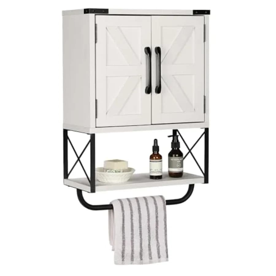Armadietto Rustico Stile Fattoria con Due Ante Scorrevoli, Mobile Contenitore da Parete in Legno con Ripiano Regolabile e Barra Porta Asciugamani, 3-