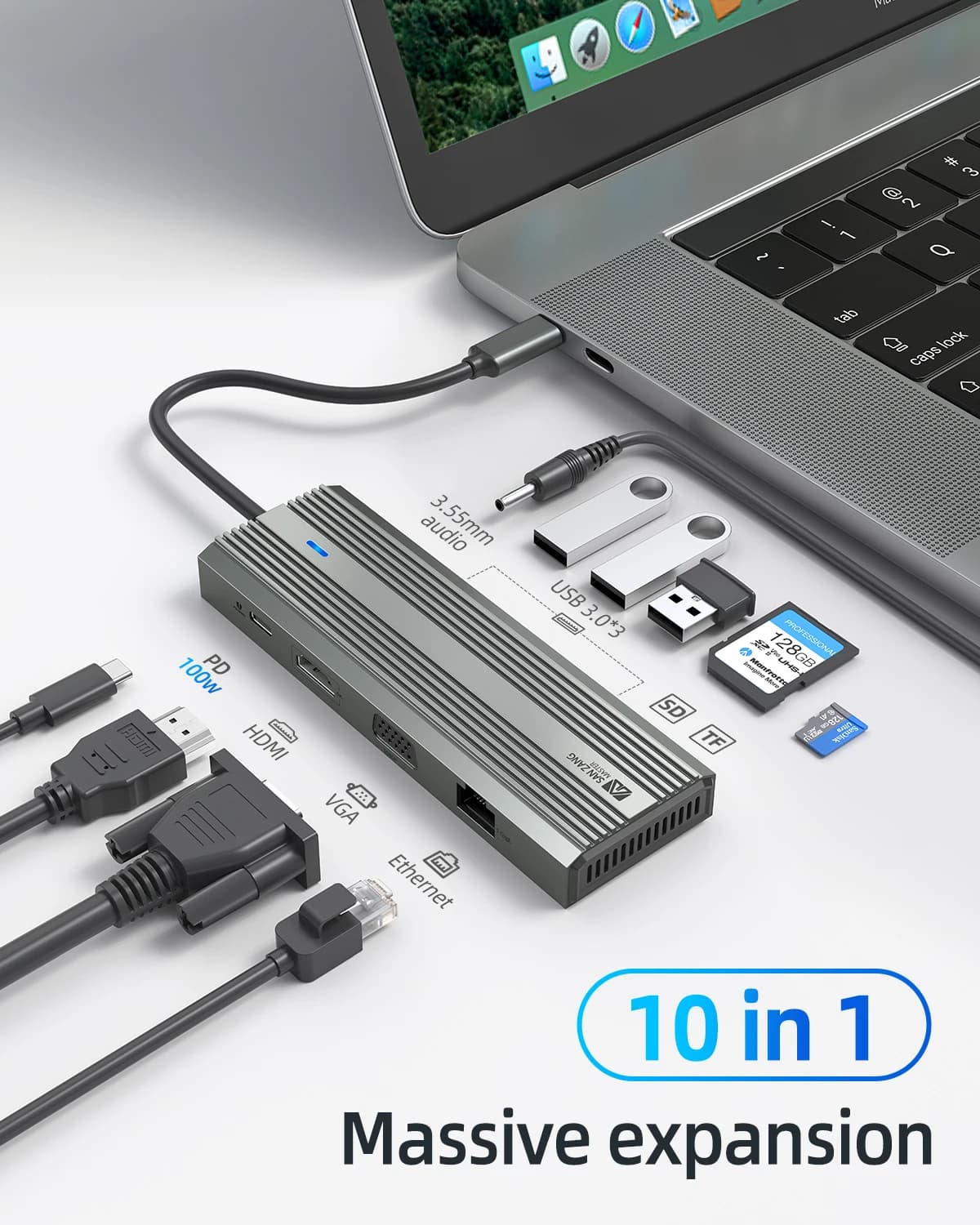 SANZANG Docking Station USB C 10-in-1 con HDMI 4K, VGA, USB 3.0, PD 100W, Ethernet, Audio, SD/TF, Adattatore Multiporta per Laptop, Steam Deck, MacBook