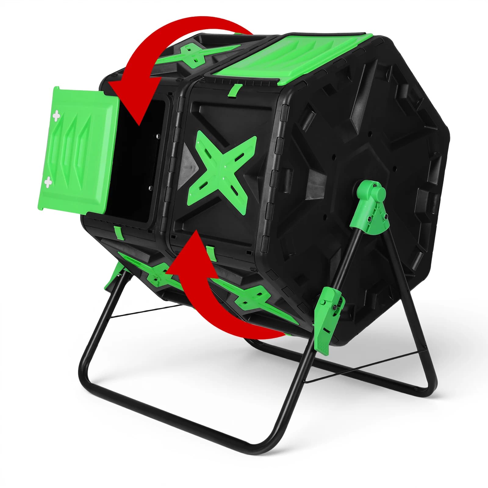 140 litri doppia camera 360 ° Grande compositore rotante Configurazione semplice Contenitore per compost in batch rotante con porta scorrevole per giardino esterno e cortile