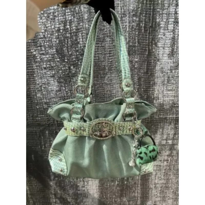Design a cintura Streetwear Borse verdi Cerniera Y2k Borse a tracolla per ragazza Borse sotto le ascelle moda pieghettate Borse da donna gotiche con rivetti
