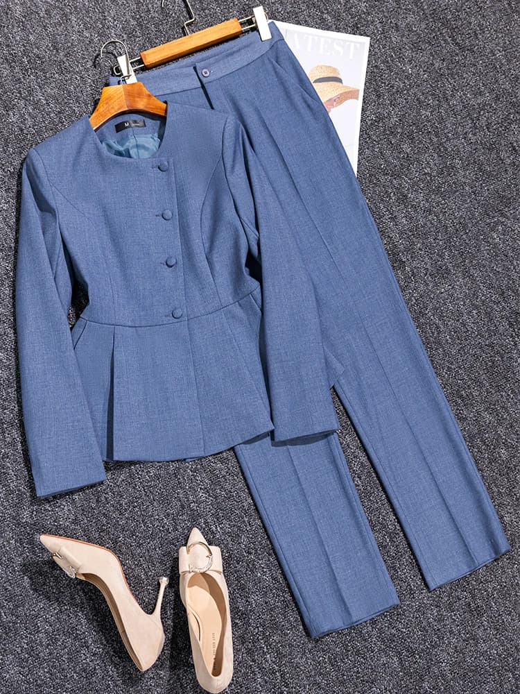 Gray Navy Black Ladies Pant Suit Formal Women's Business Work Wear Solid O-Neck Blazer And Trouser 2 Piece Set For Autumn Winter