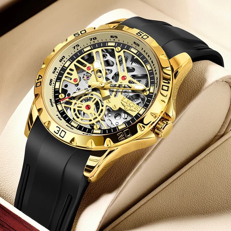 Orologi automatici LIGE da uomo, orologio da polso meccanico da uomo con scheletro in silicone dorato, impermeabile, luminoso e con quadrante scheletrato.