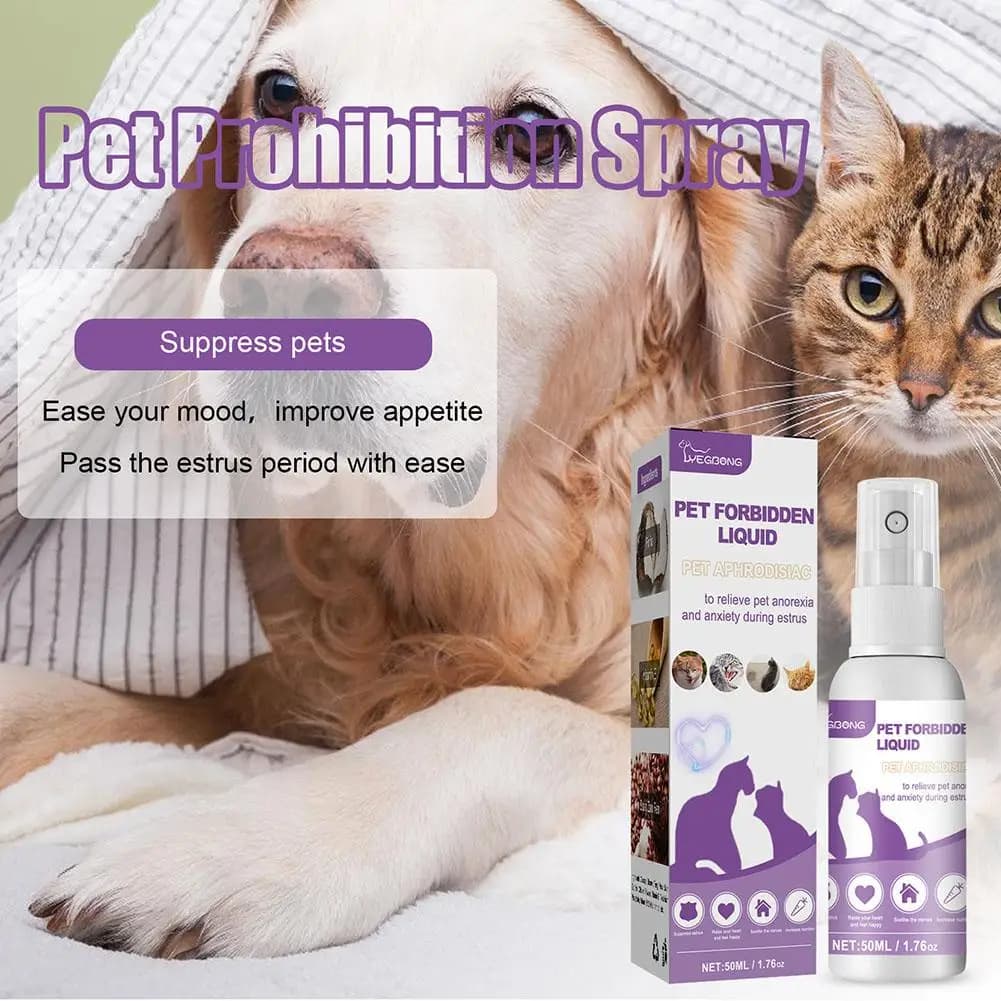 Spray Calmante per Animali Domestici da 50ml per Cani e Gatti: Allevia l'Ansia dell'Estrus e Previene il Canto, Calma l'Umore, Sicuro e Salutare, Liquido Proibito per Animali Domestici