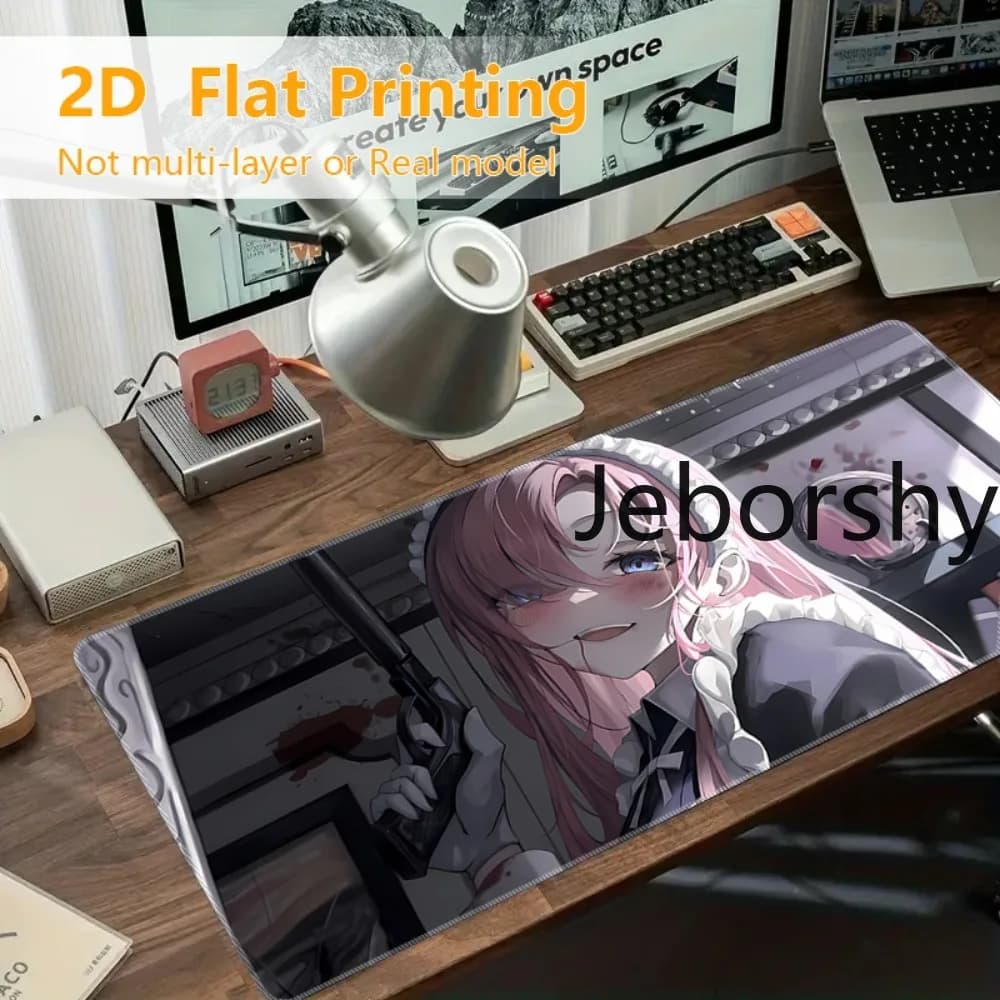 Edgy Pink-Haired Maid Anime Girl Gaming Mouse Pad, Revolver & Dark Theme Desk Mat, Ideal Gift for Gamers