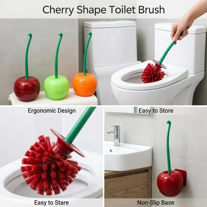 Set Spazzola WC Design Ciliegia, Spazzola per Pulizia Bagno Creativa in Plastica con Manico Lungo e Setole Morbide per Uso Domestico