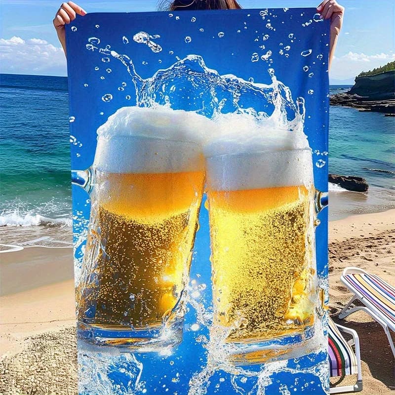 Telo Mare Stampato con Birre e Bicchieri, in Poliestere Morbido ad Asciugatura Rapida, Grande Asciugamano da Bagno, Coperta Estiva per Piscina, Feste e Surf