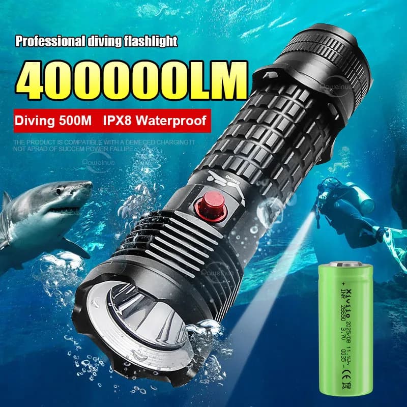 5000mAh LED Diving Flashlight 400000LM XHP199 Underwater Scuba Diving Torch IPX8 Waterproof Professional Powerful Diving Lantern