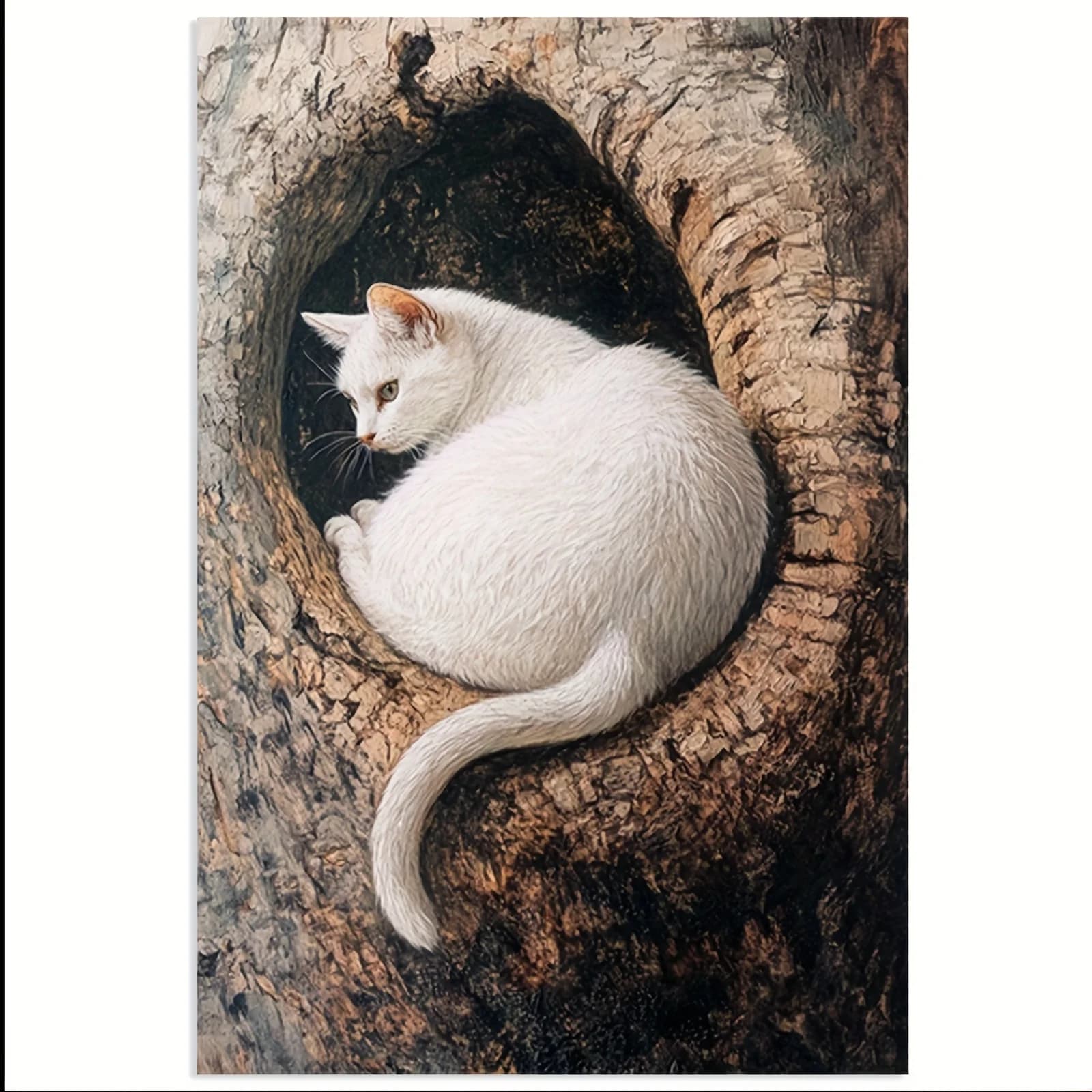 Poster su tela cava con gatto bianco senza cornice nell'albero - Arte da parete serena ispirata alla natura per camere da letto, soggiorni o corridoi