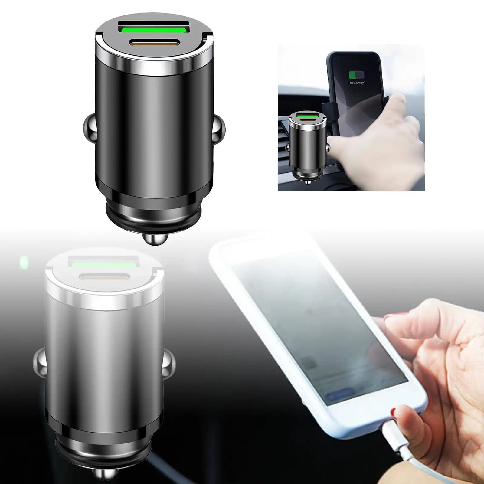 Caricabatterie da auto a ricarica rapida con mini porta USB Type-C per la ricarica di telefoni e l'illuminazione, adattatore 12V per auto.