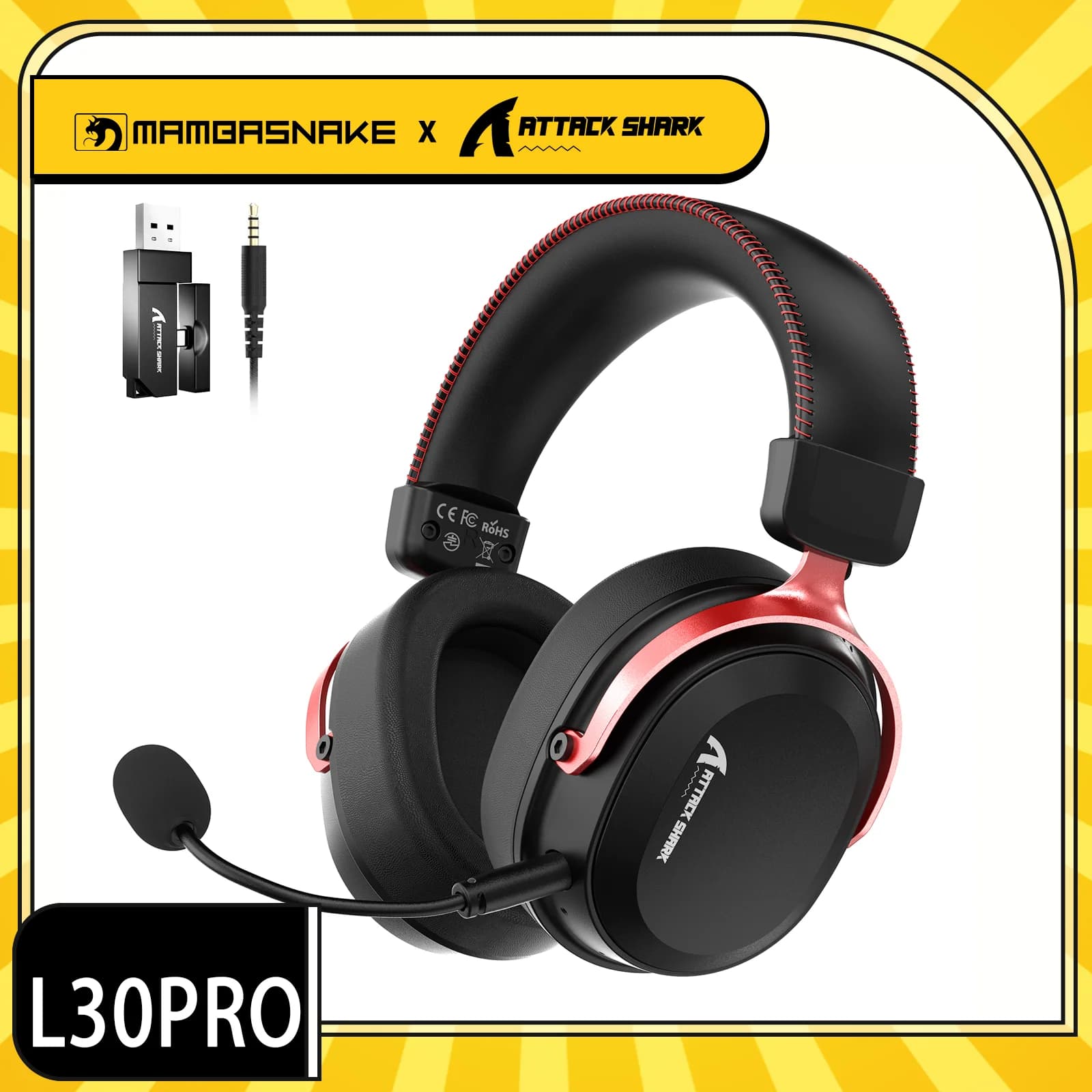 ATTACK SHARK L30PRO Gaming Wireless Headphones, Audio Surround 7.1, 50mm Driver, Low Latenza 20ms, Removable Microphone with Noise Cancellation