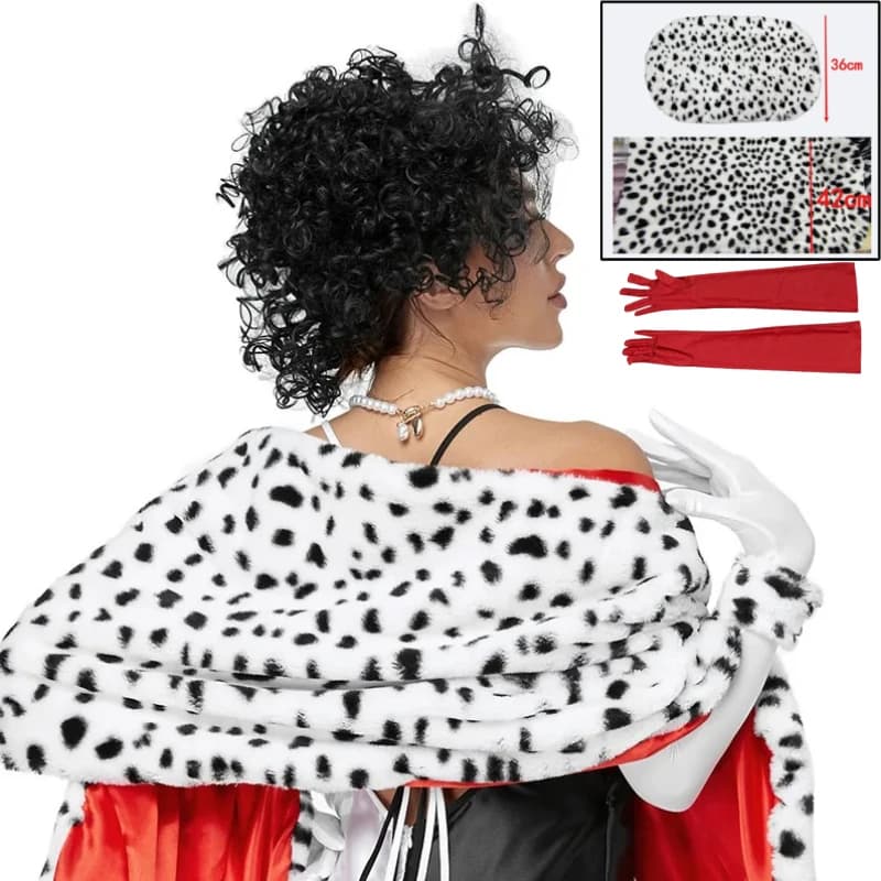 Sciarpa/Cappotto con Punti Neri Stile Cruella in Bianco e Nero, Ispirata al Gotico, Calda e alla Moda, con Guanti, per Feste di Halloween da Donna