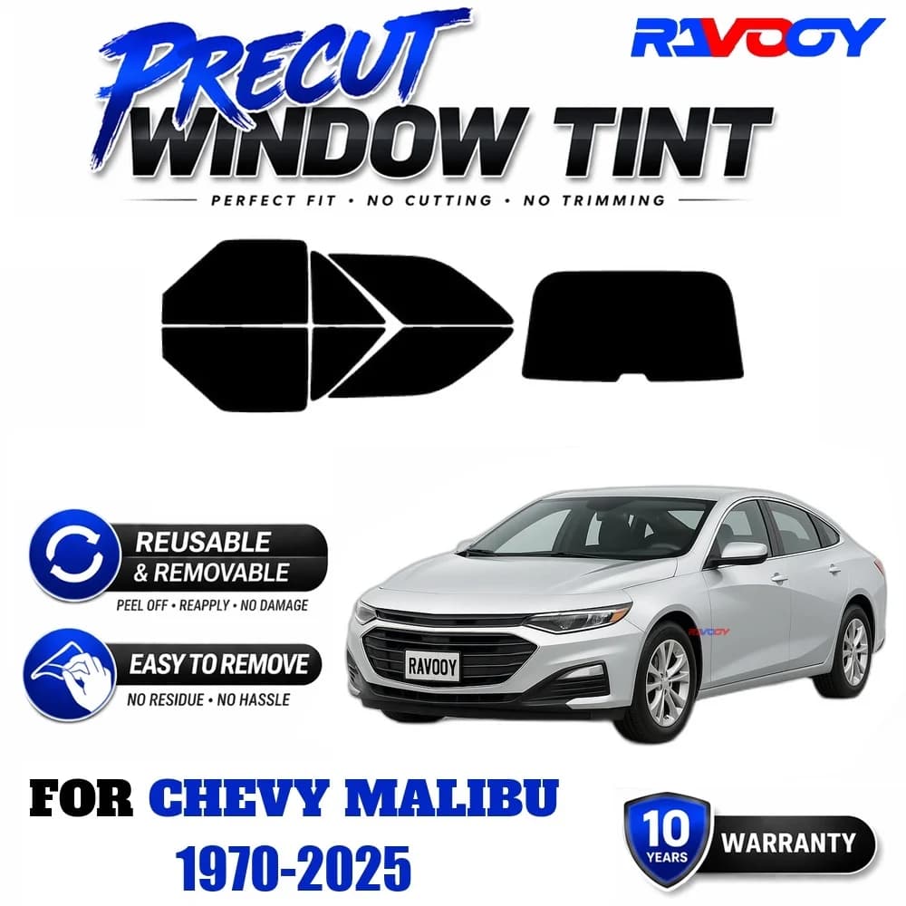 RAVOOY Precut Window Tint, Reusable Removable EPU Film, Custom Fit for Chevy Malibu 1970-2025, UV Heat Protection