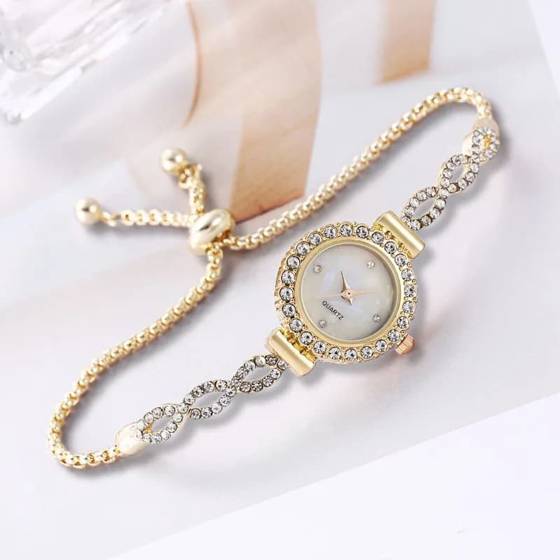 Orologio da Polso di Lusso per Donna in Oro Rosa, Lunetta con Diamanti, Quadrante in Madreperla, Cinturino a Catena Regolabile