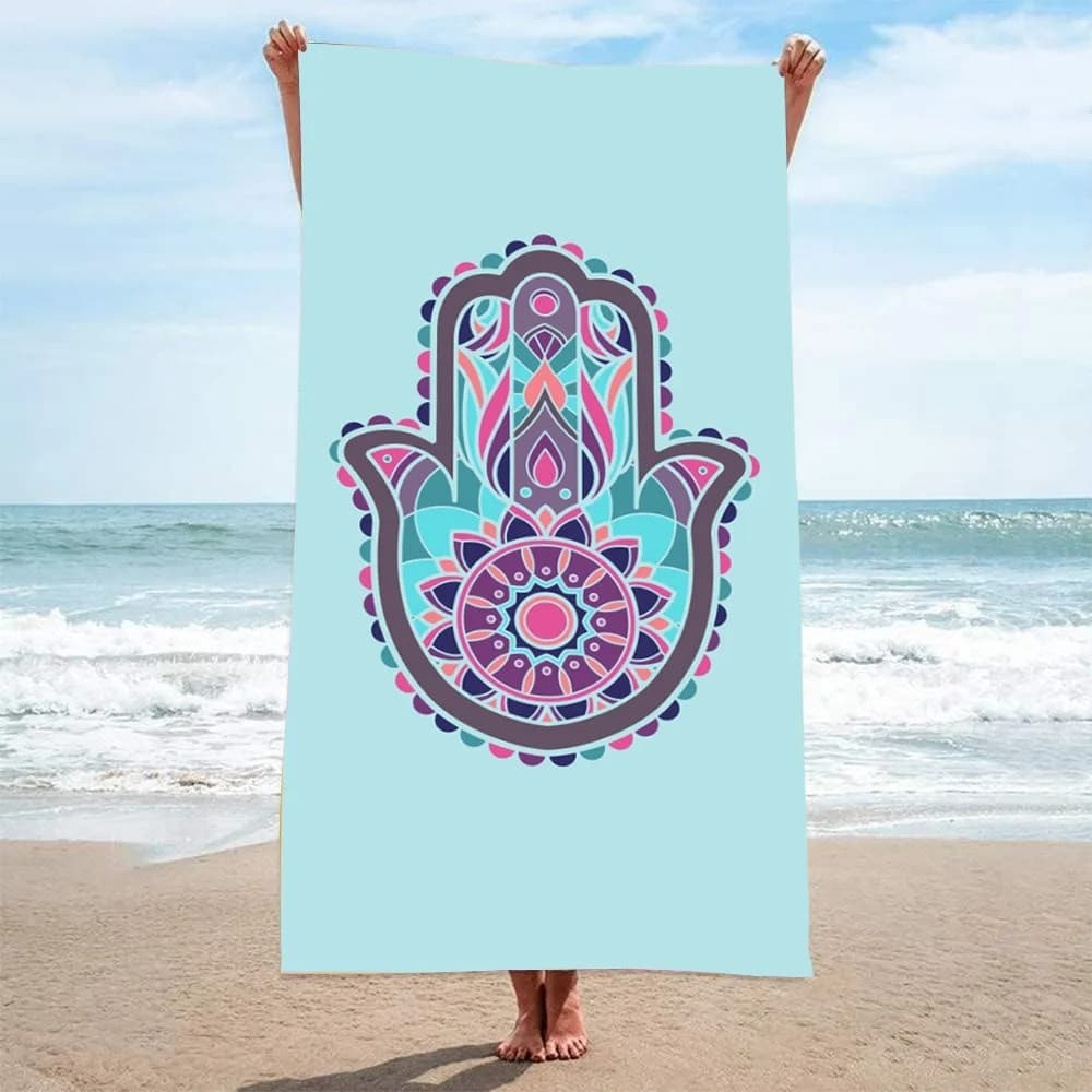 Telo Mare con Motivo HAMSA 27x55 pollici, Tappeto Decorativo, Asciugamano in Microfibra, Sciarpa Parasole, Coperta da Viaggio per Esterni, Campeggio, Picnic