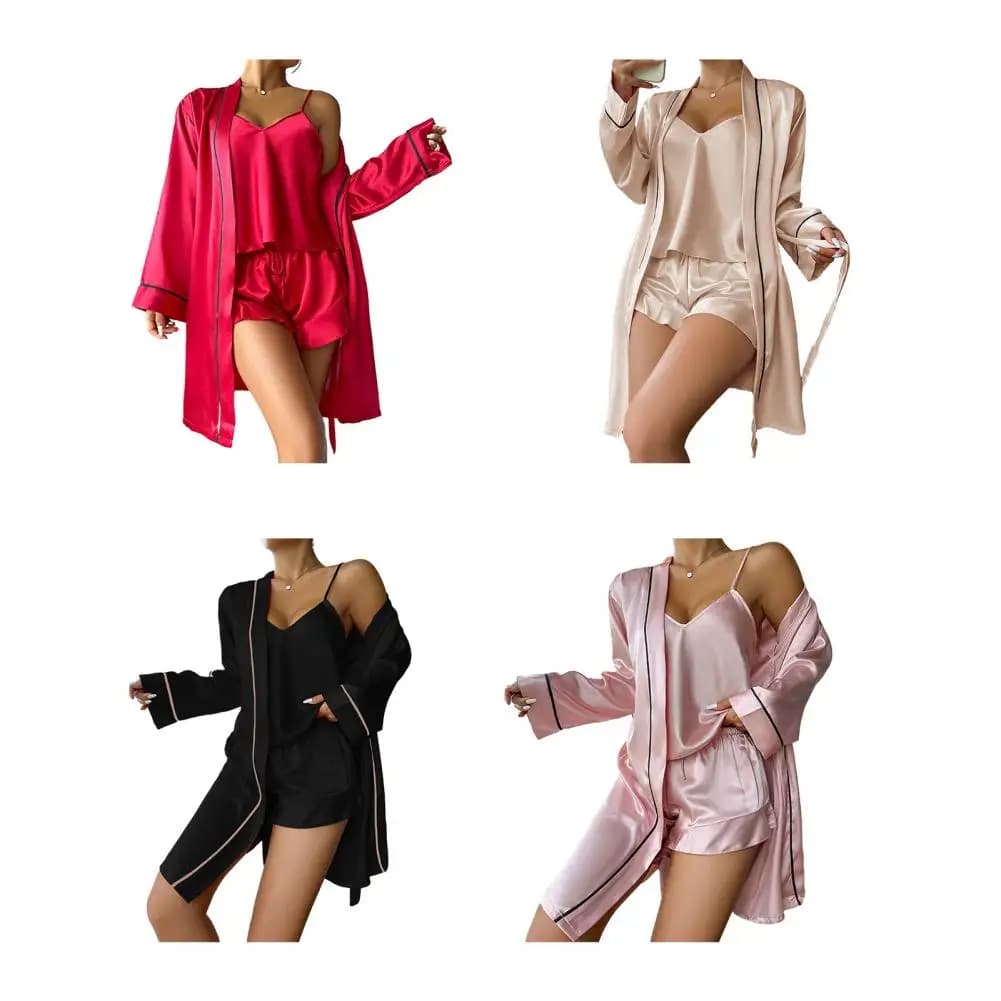Set pigiama semplice in raso 3 pezzi, abbigliamento da notte a maniche lunghe, vestaglia con cintura, top con scollo a V e pantaloncini, completo da casa da donna, nuovo set loungewear.