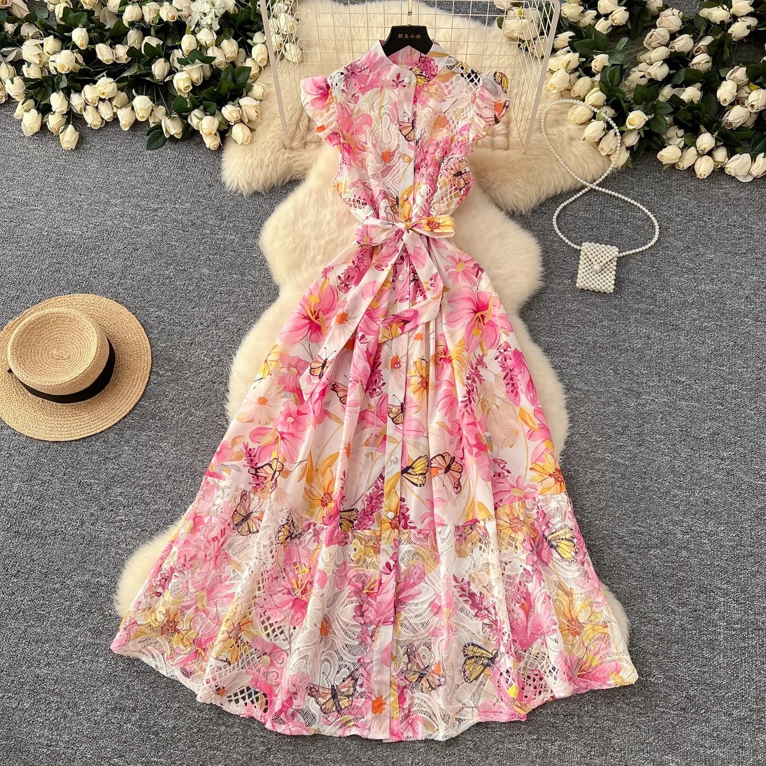 Summer Gorgeous Flower Embroidery Lace Spliced Wedding Dress Women Ruffles Sleeve Colorful Belt Long Robe Holiday Party Vestidos