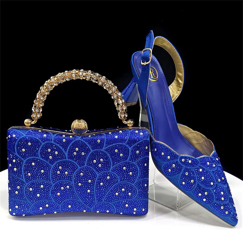 Scarpe da festa nigeriane Solo scarpe con set di borse in tacco alto blu royal, abbinamento elegante per matrimoni ed speciali