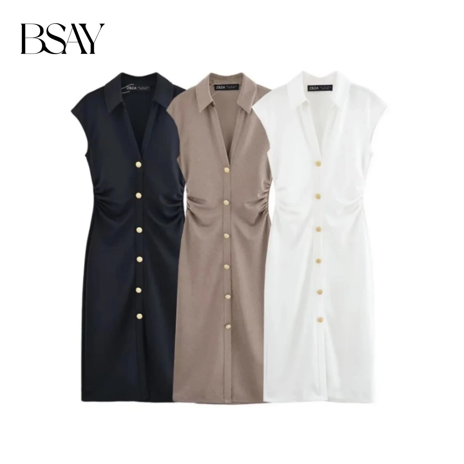 BSAY Abito da donna Moda Estate Nuovo piega senza maniche scollo a V monopetto Abiti longuette Abiti da sera femminili chic francesi