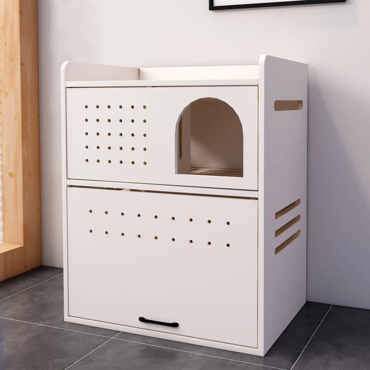 Household solid wood double-layer cat litter cabinet anti-sand and odor-proof large cat toilet