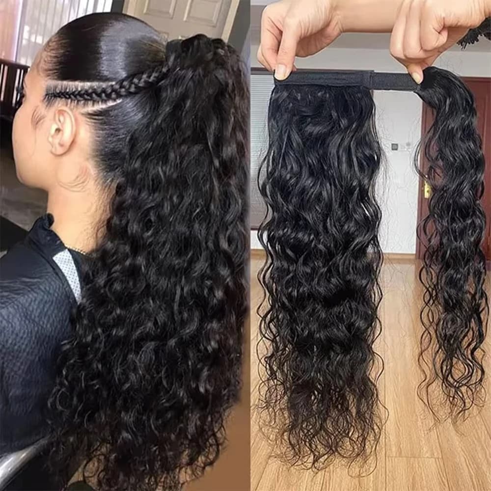 Water Wave Ponytail Human Hair Extensions Wrap Around Clip In Ponytail Extensions For Women Magic Paste Pony Tail