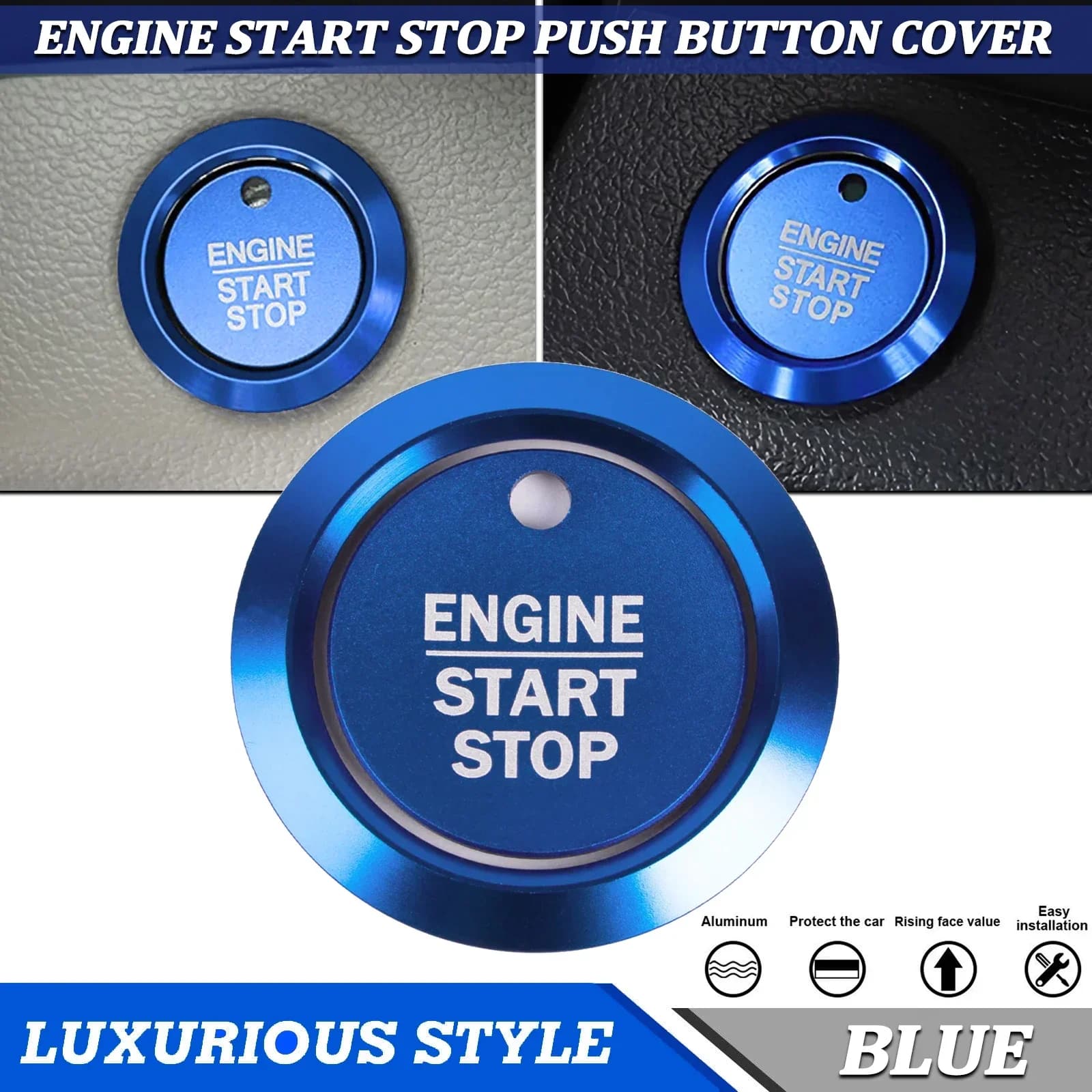 Decorative Polished Blue Cover for Motor Starting Button, Alloy Coating Ring for Interior Ford F-150 F150 2015-2020