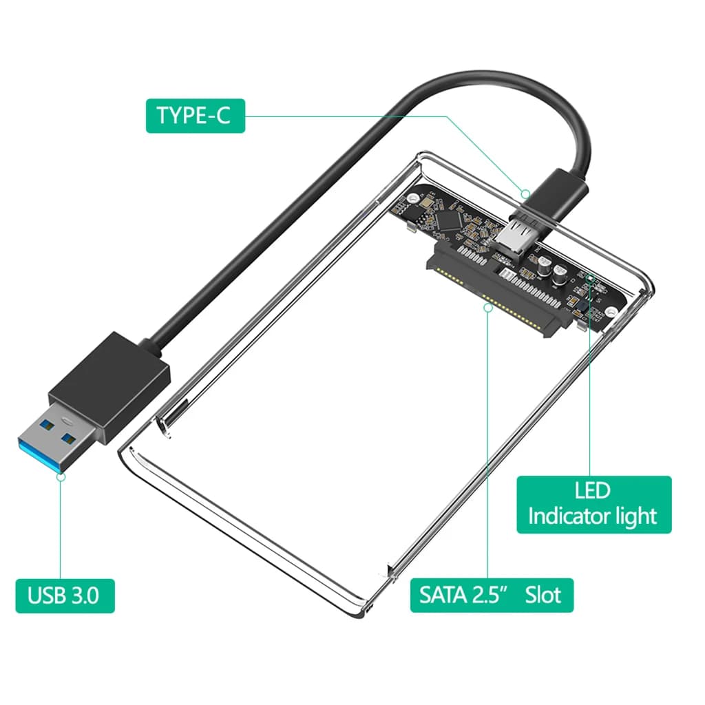 Custodia per HDD SSD da 2,5 pollici Custodia per HDD trasparente da SATA a USB 3.0 / Tipo C Custodia per disco rigido l Custodia per HDD esterna per PC portatile
