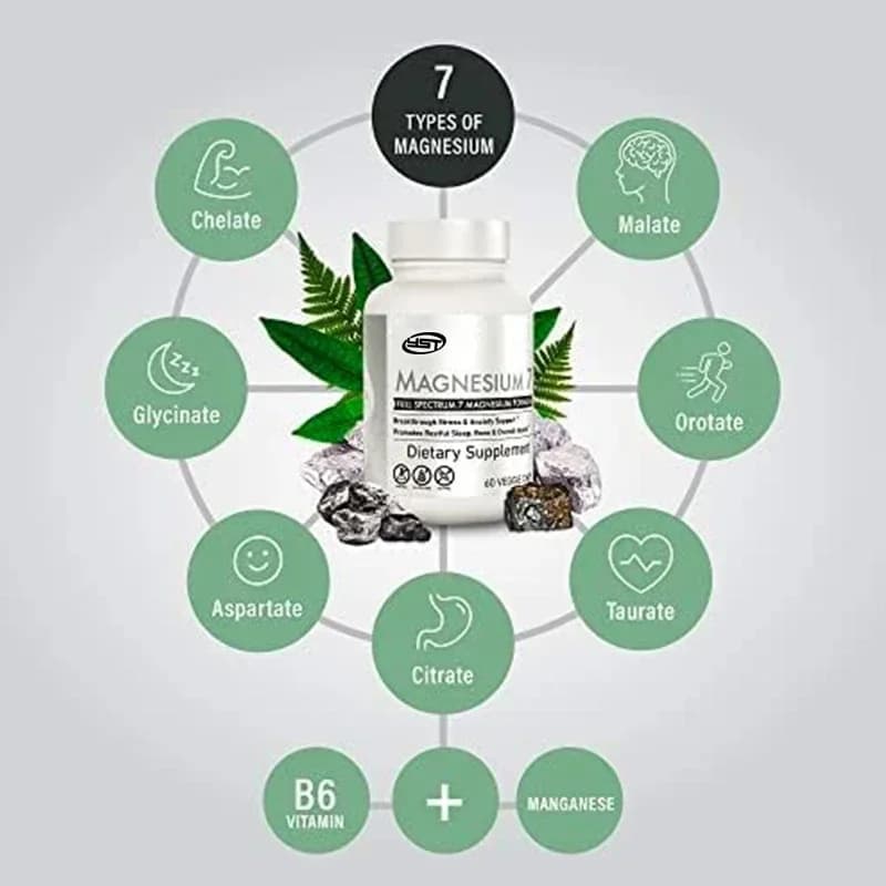 Magnesium supplement, natural magnesium capsules, muscle recovery support, containing vitamin B6 and manganese citrate