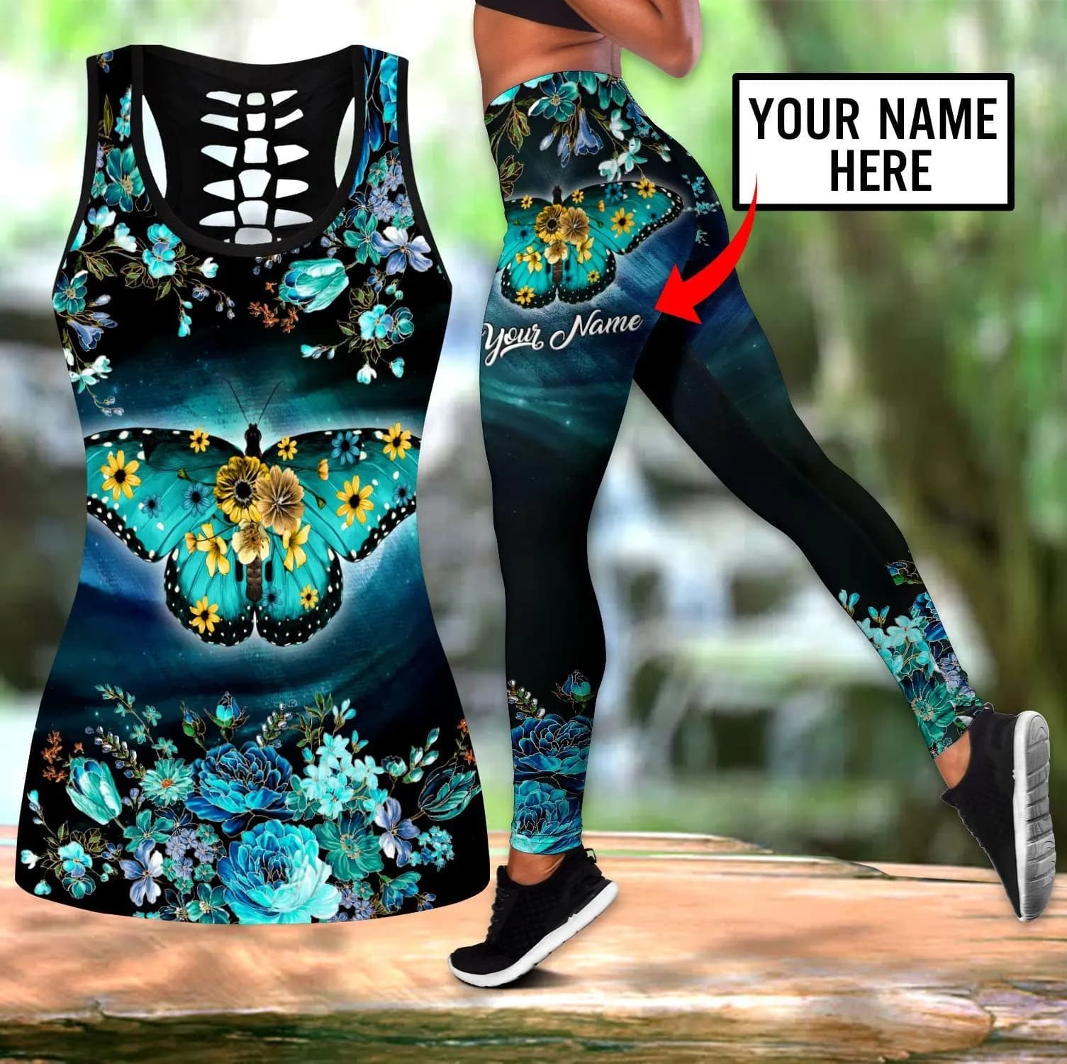 Nome personalizzato Farfalla Canotta cava stampata in 3D e leggings Set per donna Pantaloni da corsa per yoga fitness a figura intera KBX01