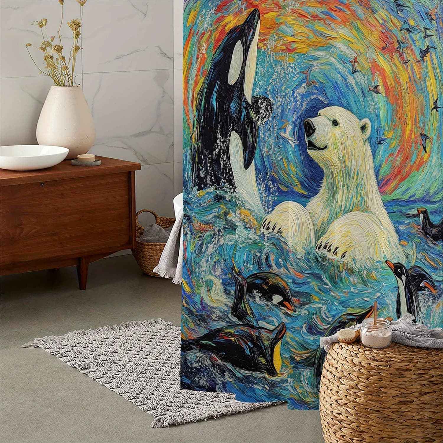 Tenda da doccia impermeabile Arctic Wildlife: design vibrante di orsi polari e pinguino per un'esperienza unica dell'arredamento del bagno