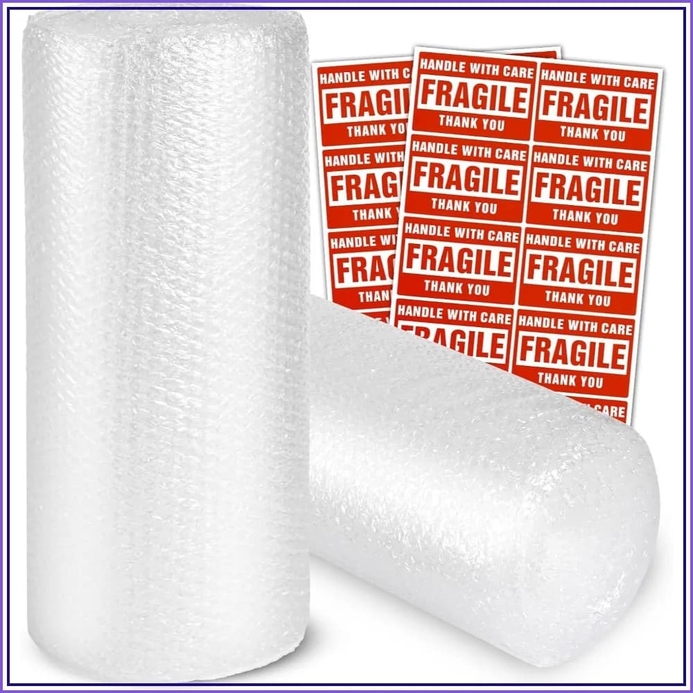 2-Pack Bubble Cushioning Wrap Rolls, 3/16" x 17" x 72' Total, Perforated 12" with 20 Fragile Stickers