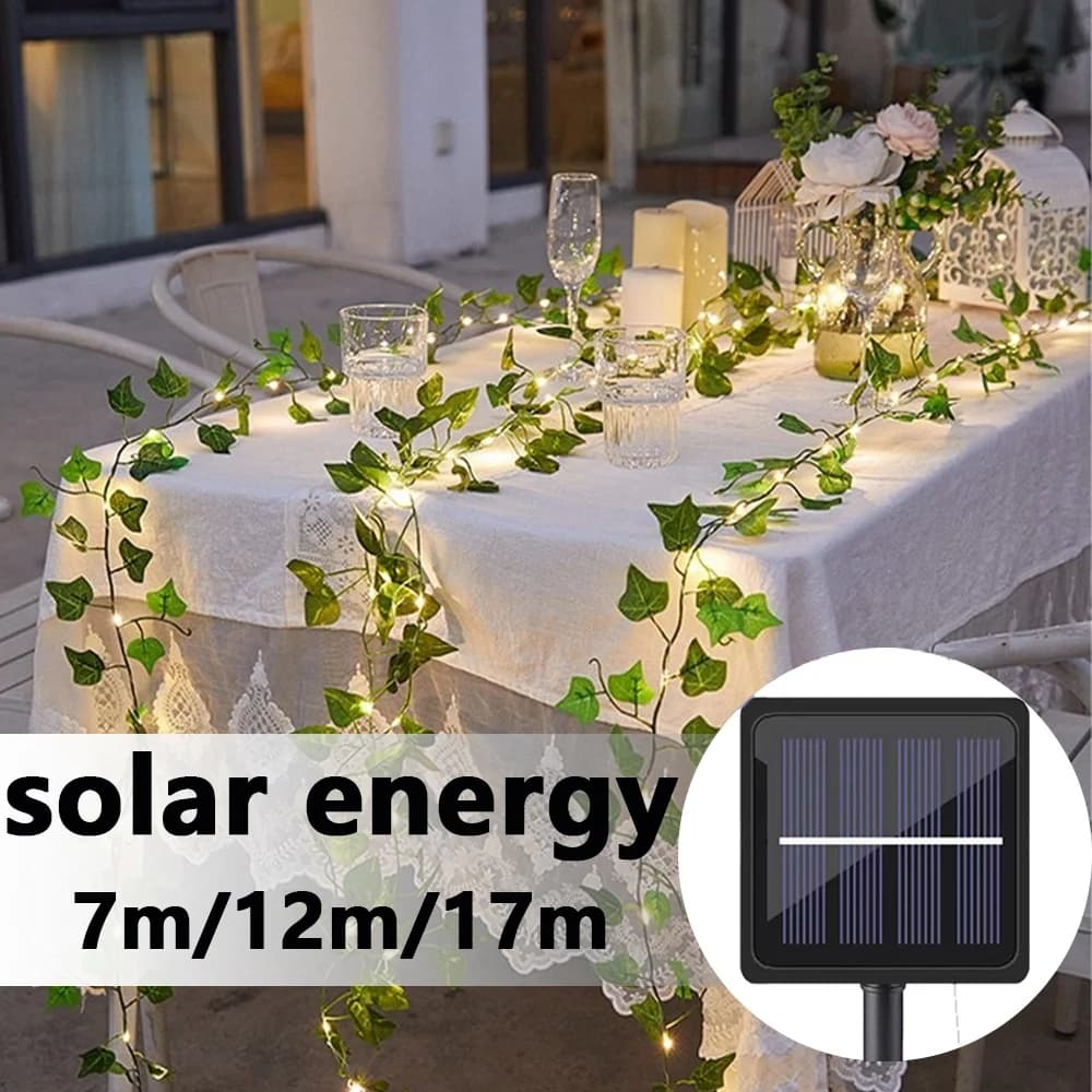 Ghirlanda Luminosa Solare da Esterno 7M/12M/17M con Fiori Artificiali a Forma di Edera, Ideale per Decorazioni da Giardino, Matrimoni, Natale e Recinzioni